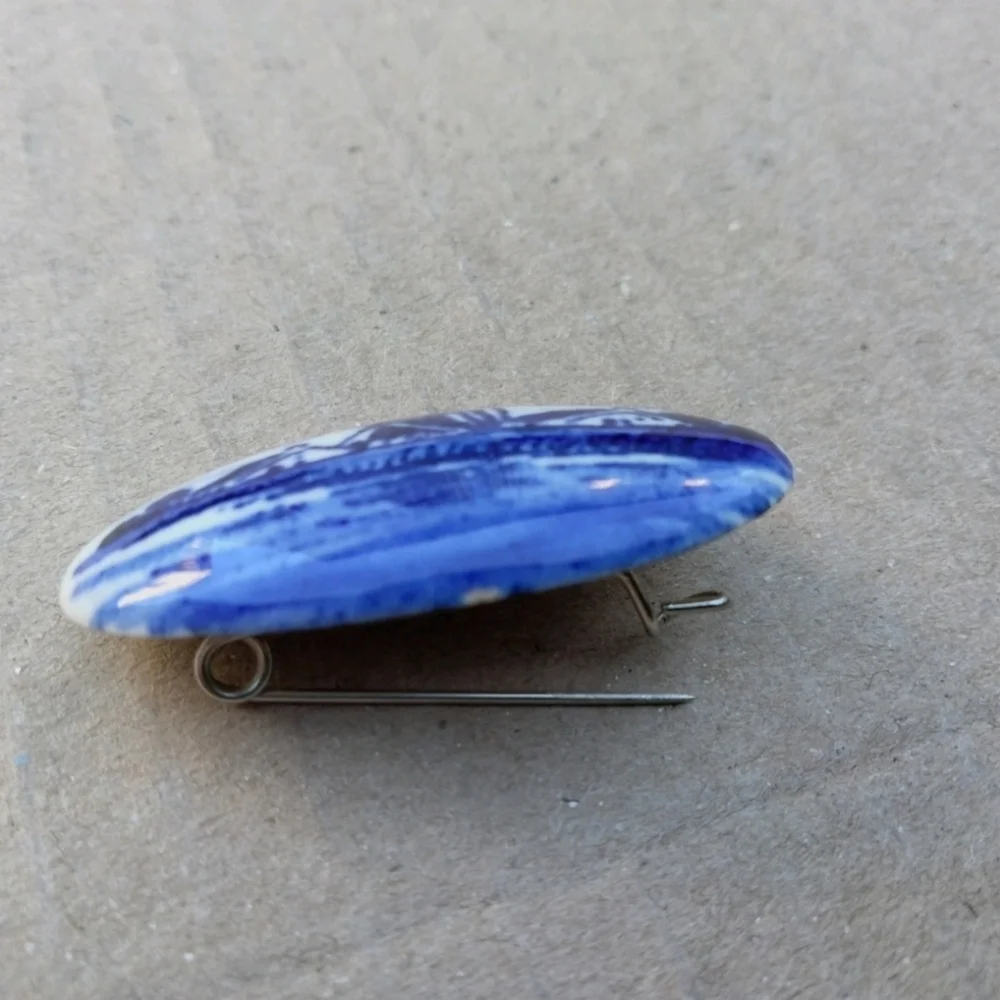 Vintage Blue & White Holland Delft Windmill Oval Brooch Pin